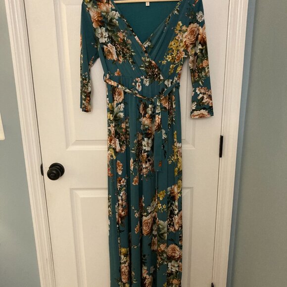 PinkBlush Green Rose Sash Tie Wrap Top Maternity Maxi Dress - Picture 6 of 7